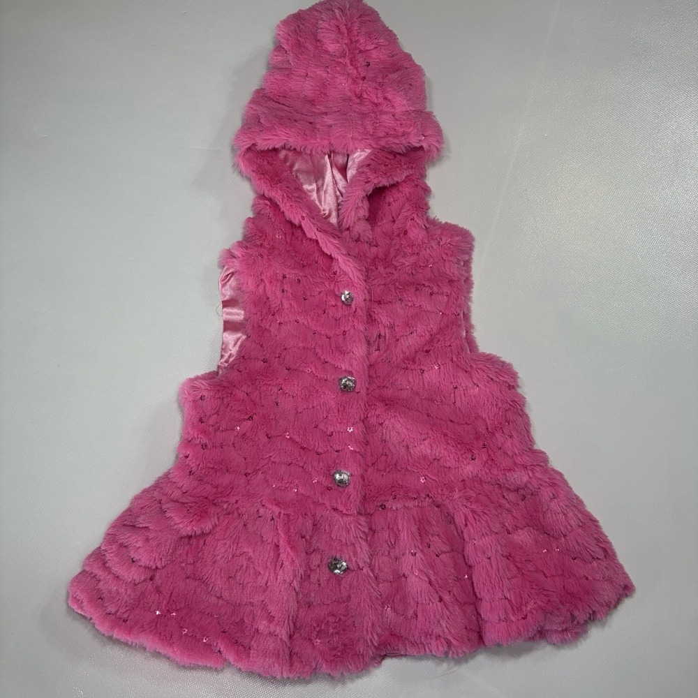 Nanette Kids Girls 3T Pink Faux Fur Sequin Hooded Vest Crystal Buttons